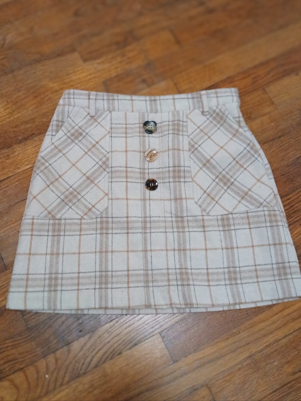 J.O.A. Cream and Tan Plaid Button-Front Mini Skirt